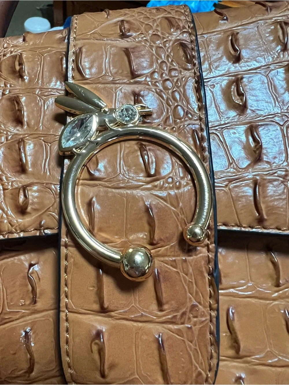 Structured Croc-Embossed Top Handle Bag in Cognac American bee